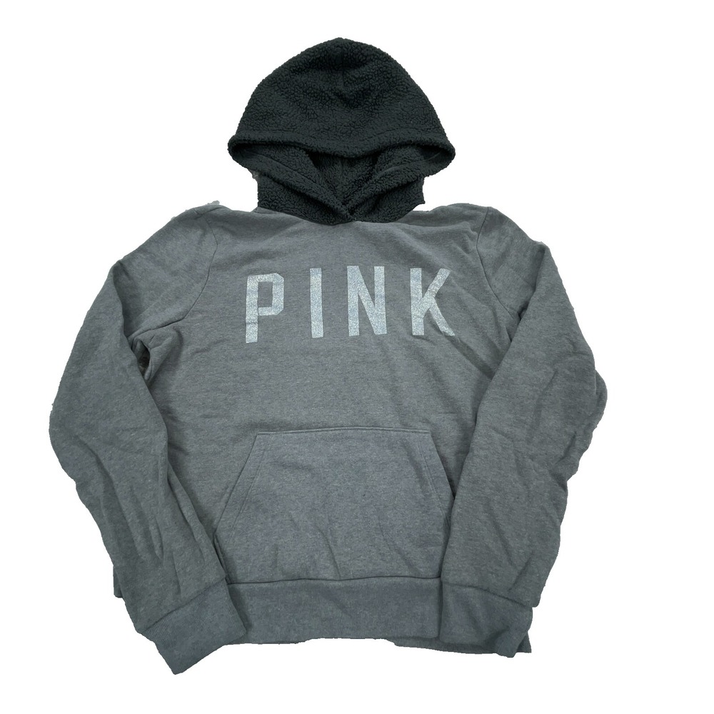 Victoria Secret Hoodie Women Small Gray Sweatshirt Sweater Spell Out Top PINK